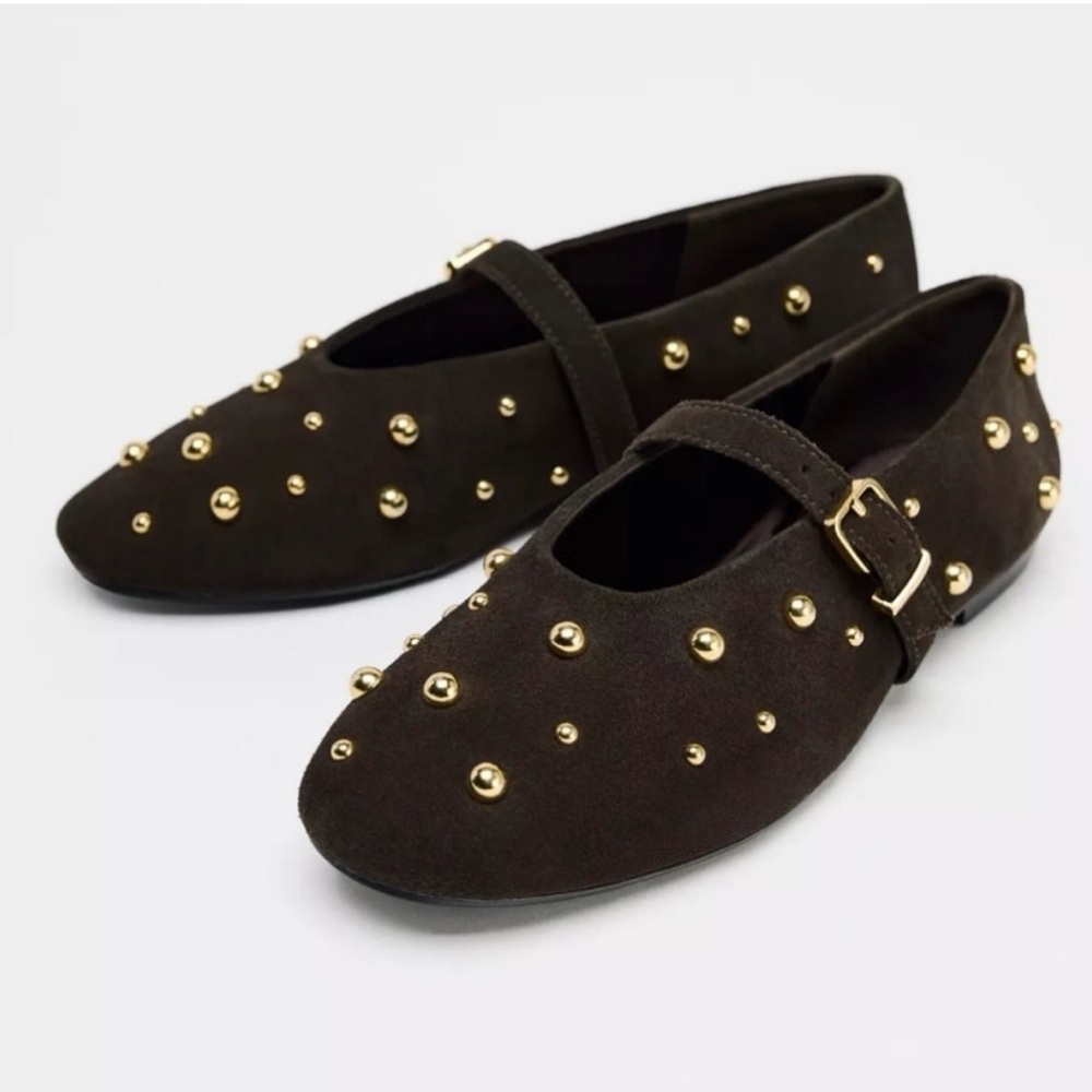 Zara Brown suede gold stud studded Mary Jane flats. Excellent condition! - Picture 8 of 8